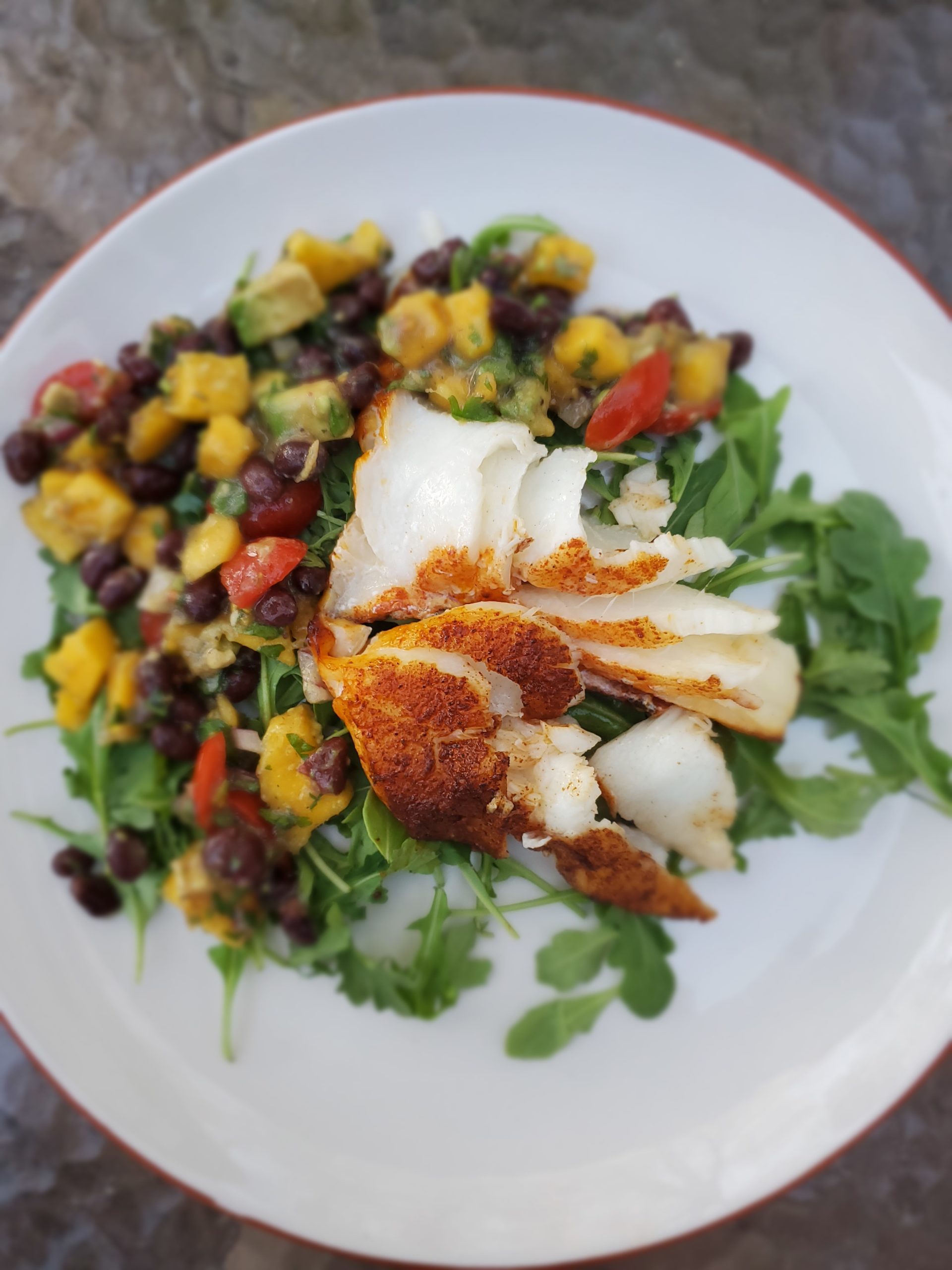 Smoked Chilean Sea Bass With Mango Avocado And Black Bean Salsa Essentialware